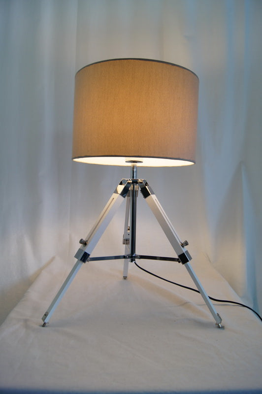 Limited Stock @Striking industrial style Tripod Table Lamp Beige shade with white wooden base Limited Stock @Striking industrial style Tripod Table Lamp Beige shade with white wooden base