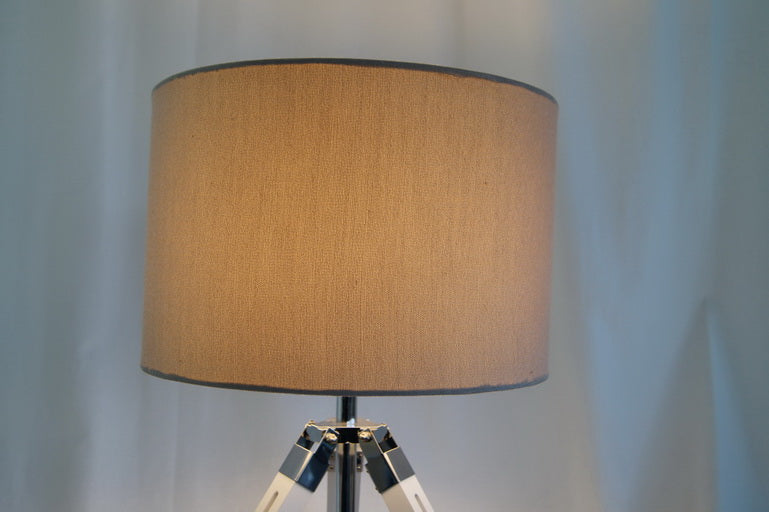 Limited Stock @Striking industrial style Tripod Table Lamp Beige shade with white wooden base Limited Stock @Striking industrial style Tripod Table Lamp Beige shade with white wooden base