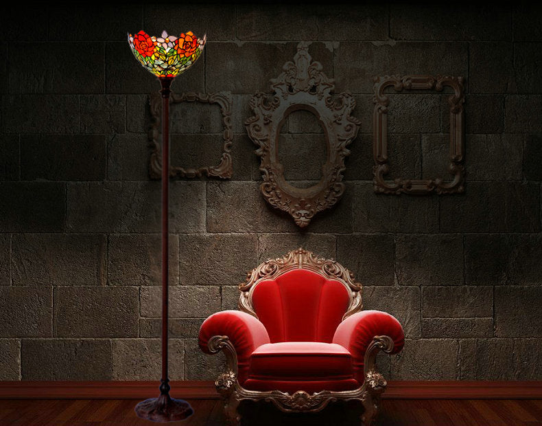14"  Red Rose Flower Style Tiffany Floor Torchiere Lamp 14"  Red Rose Flower Style Tiffany Floor Torchiere Lamp