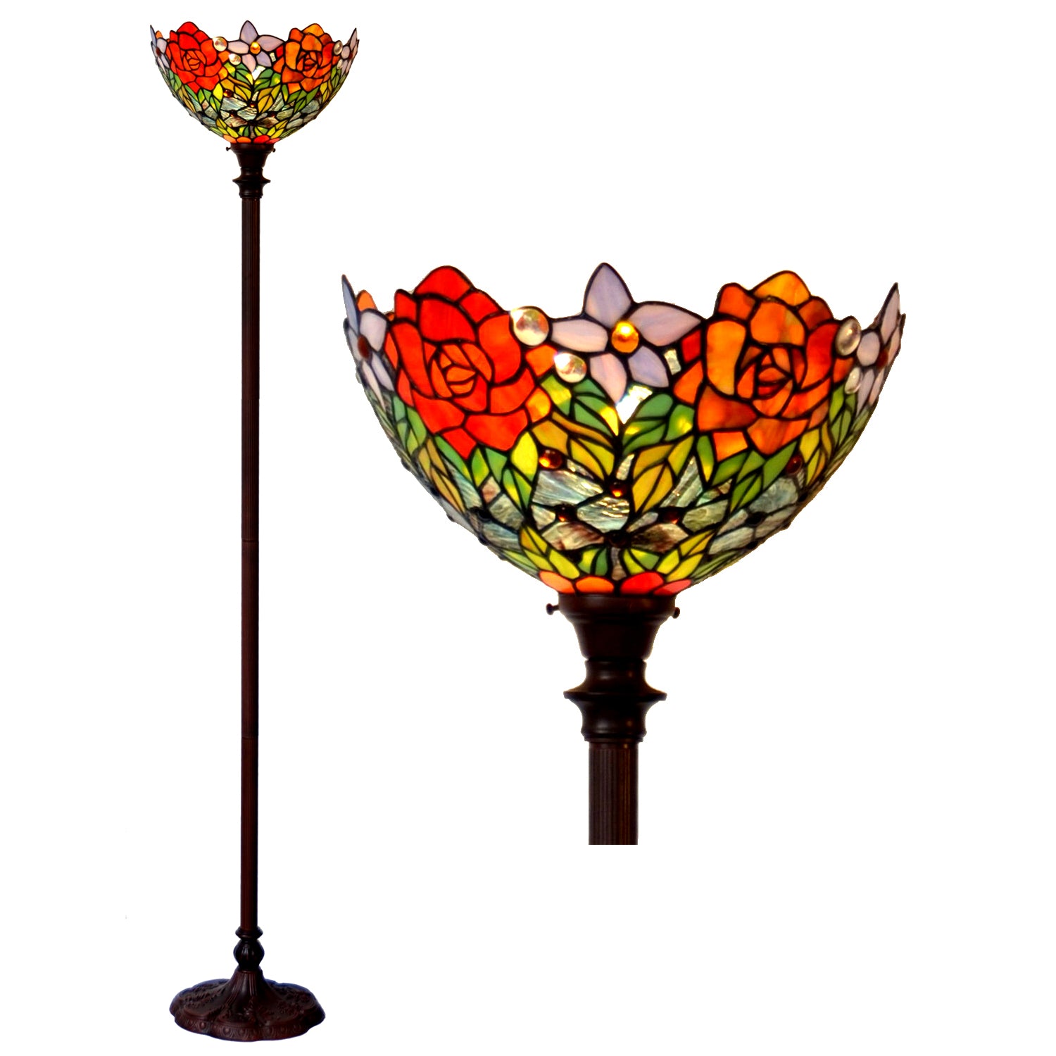 14"  Red Rose Flower Style Tiffany Floor Torchiere Lamp 14"  Red Rose Flower Style Tiffany Floor Torchiere Lamp