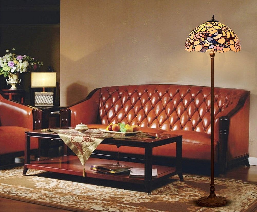 Large 16" Magpies Bird cherry blossom Stained Glass Tiffany Floor Lamp Large 16" Magpies Bird cherry blossom Stained Glass Tiffany Floor Lamp