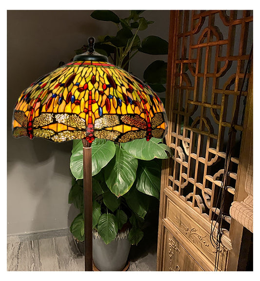 Traditional Huge 20" Dragonfly Flower Tiffany Floor Lamp with décor base