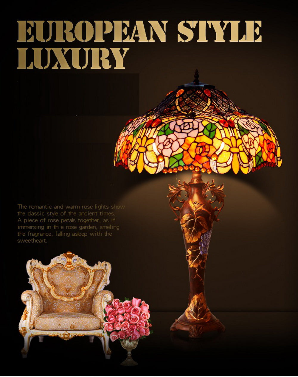 Limited Edition@Huge 18"(46cm wide )Rose Style Tiffany Table Lamp Limited Edition@Huge 18"(46cm wide )Rose Style Tiffany Table Lamp
