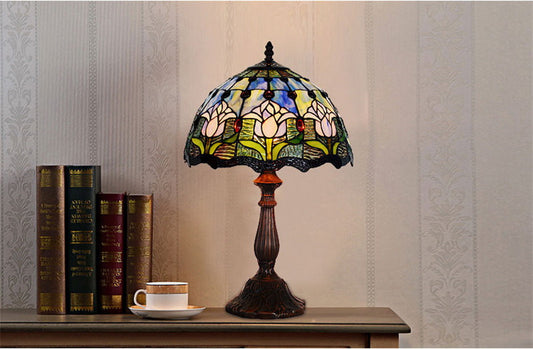 12" Blue Tulip Style Tiffany Bedside Lamp