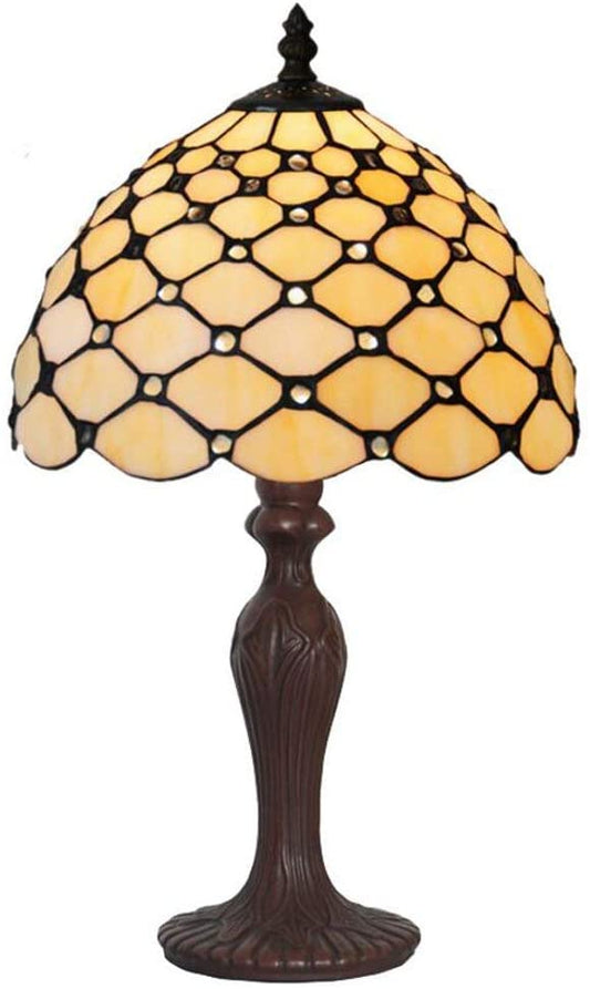 Elegant 10" Tiffany Bedside Lamp Cream Stained Glass Crystal Bead Style Table Reading Lamp