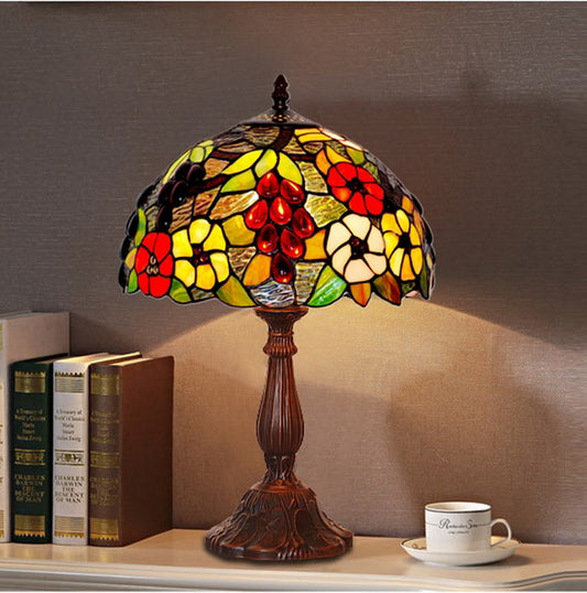 12" Grape and Flower Style Tiffany Bedside Lamp