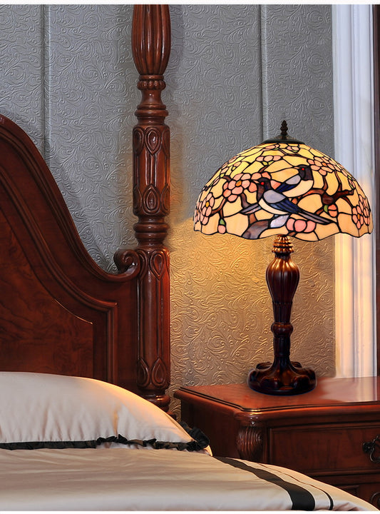 Large 16"  Magpies Bird  cherry blossom Stained Glass Tiffany Table Lamp