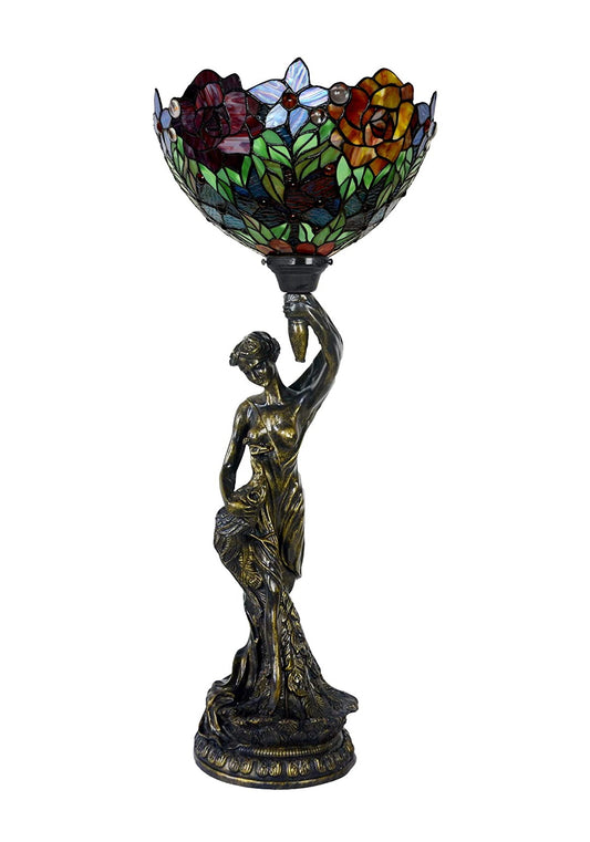 Art Deco Statue Of Liberty Torch Tiffany Stained Glass Red Rose  Accent Table Lamp