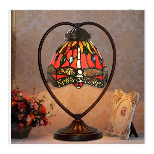 Dragonfly Tiffany Style Stained Glass Table Lamp with Heart-shaped Metal Base