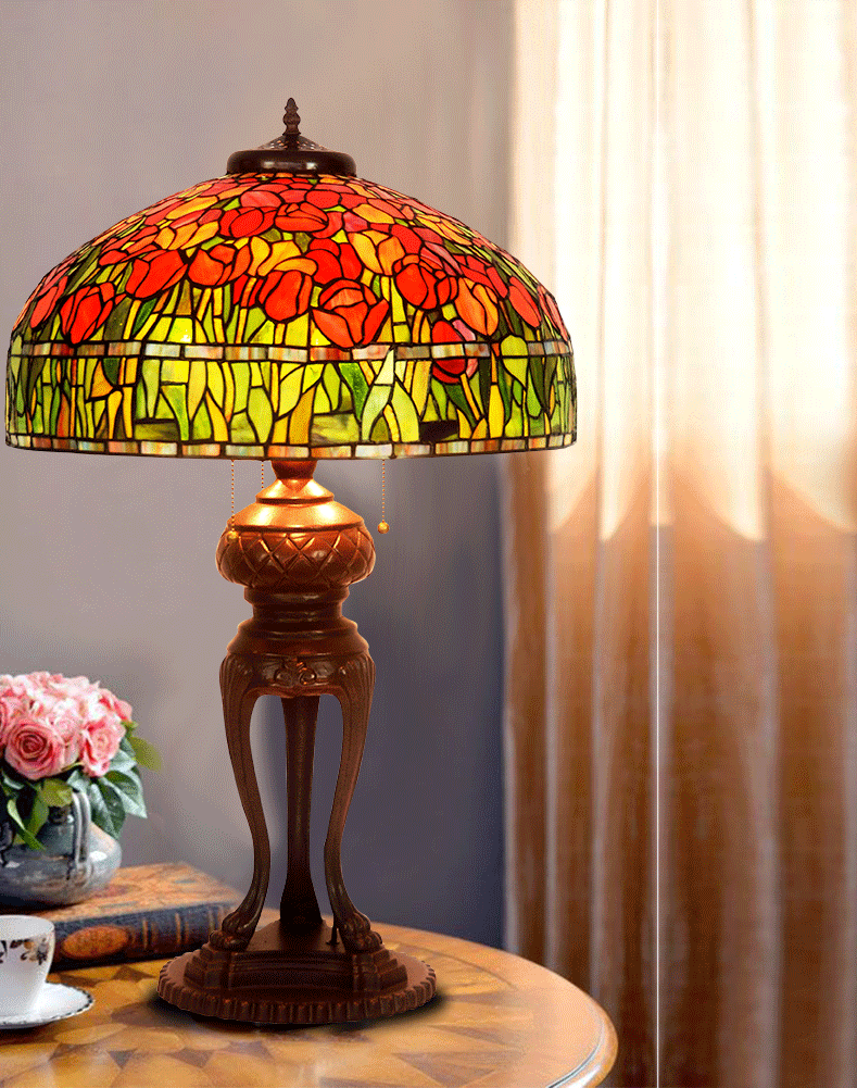 Huge 20 inches Wide Tiffany Reproduction Traditional Red Tulip Table Lamp Huge 20 inches Wide Tiffany Reproduction Traditional Red Tulip Table Lamp