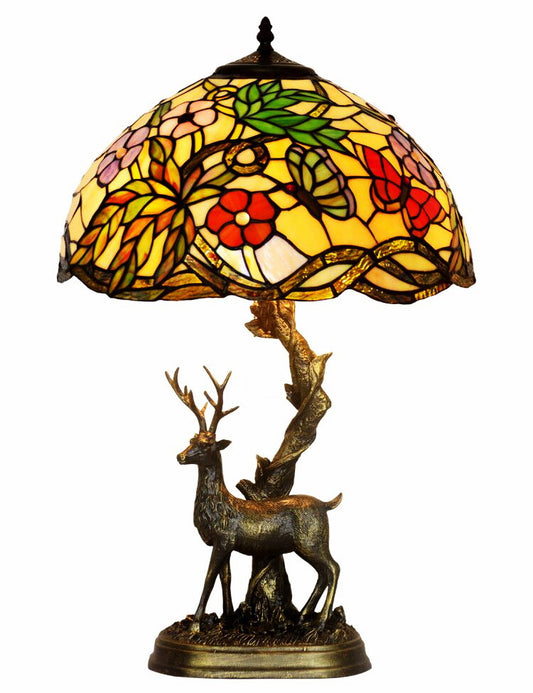 16” Large Tiffany Table lamp Dancing Butterflies on the flowers with Reindeer Sculpture Base