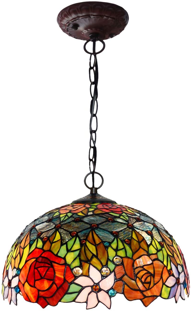 Large 16" Red Rose Tiffany Stained Glass Shade Downlight Tiffany Pendant Lights Large 16" Red Rose Tiffany Stained Glass Shade Downlight Tiffany Pendant Lights