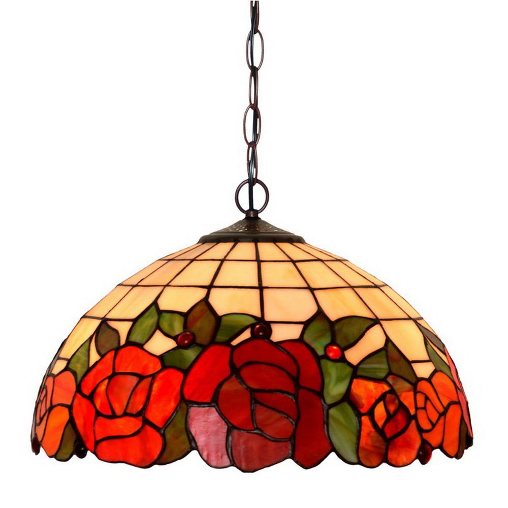 Large 16" Rose Stained Glass Cafe Tiffany Hanging Light Large 16" Rose Stained Glass Cafe Tiffany Hanging Light