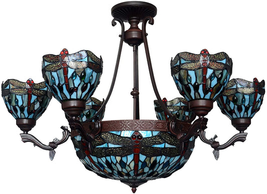 7-Light Blue Dragonfly Style Tiffany Chandelier Pendant Lights