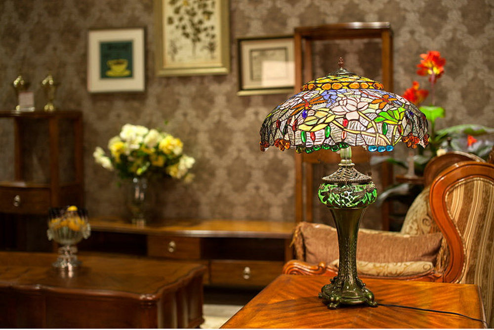 Limited Edition@Huge Tiffany Reproduction Double Lights Traditional Dragonfly Table Lamp Limited Edition@Huge Tiffany Reproduction Double Lights Traditional Dragonfly Table Lamp