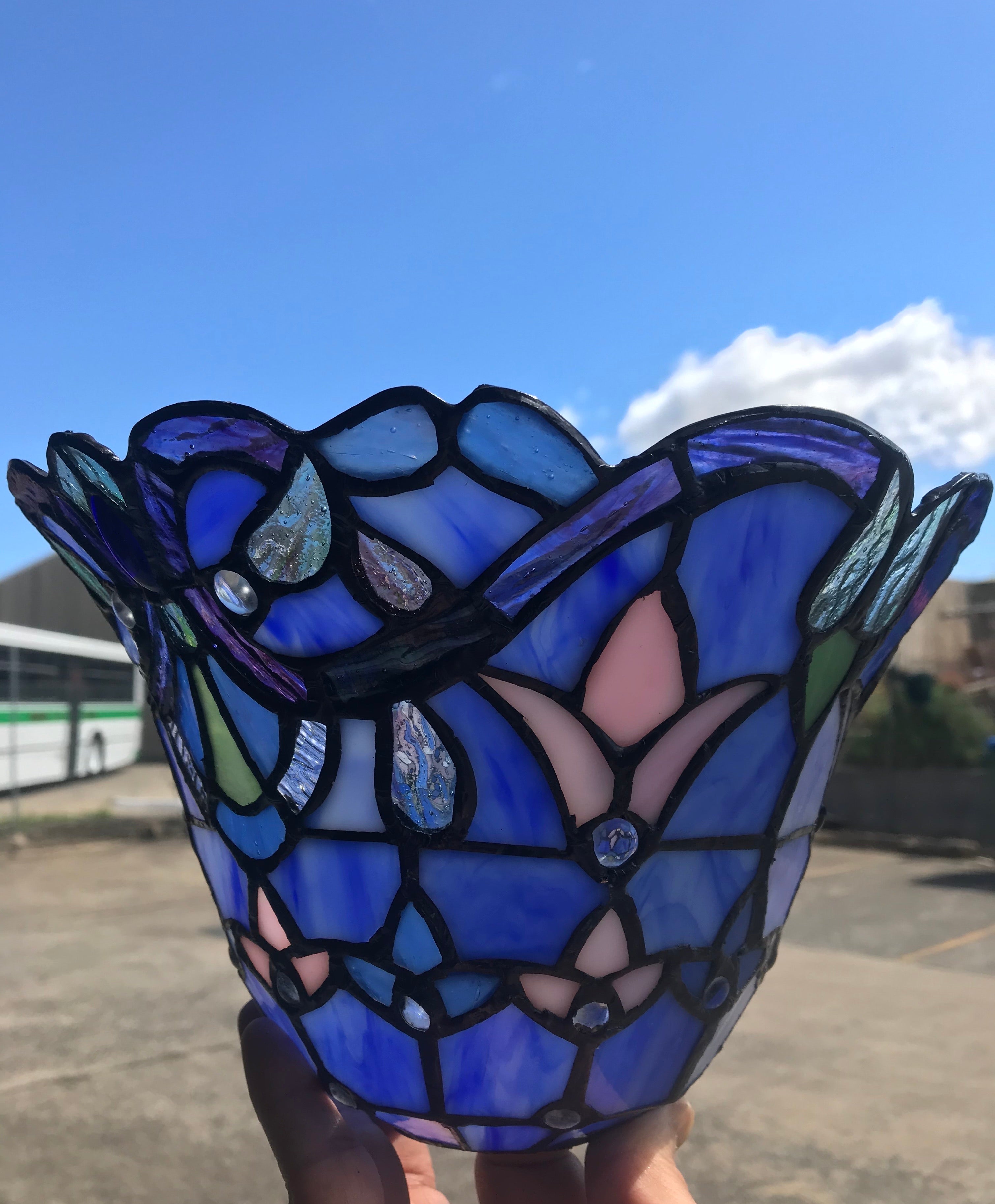 Blue Victorian Leadlight Stained Glass Bridge Arm Tiffany  Floor Lamp Blue Victorian Leadlight Stained Glass Bridge Arm Tiffany  Floor Lamp