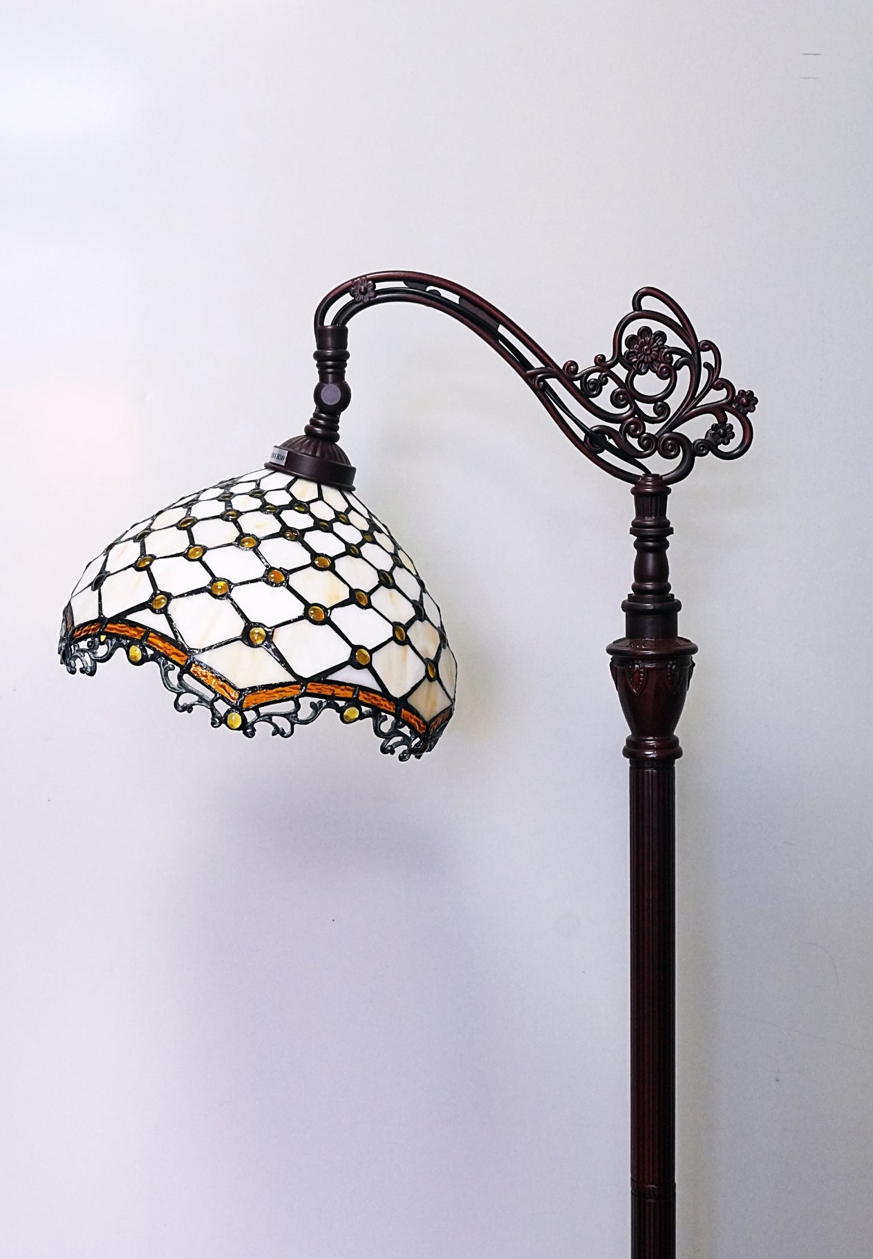 Beige Beaded Leadlight Stained Glass Bridge Arm Tiffany  Floor Lamp
