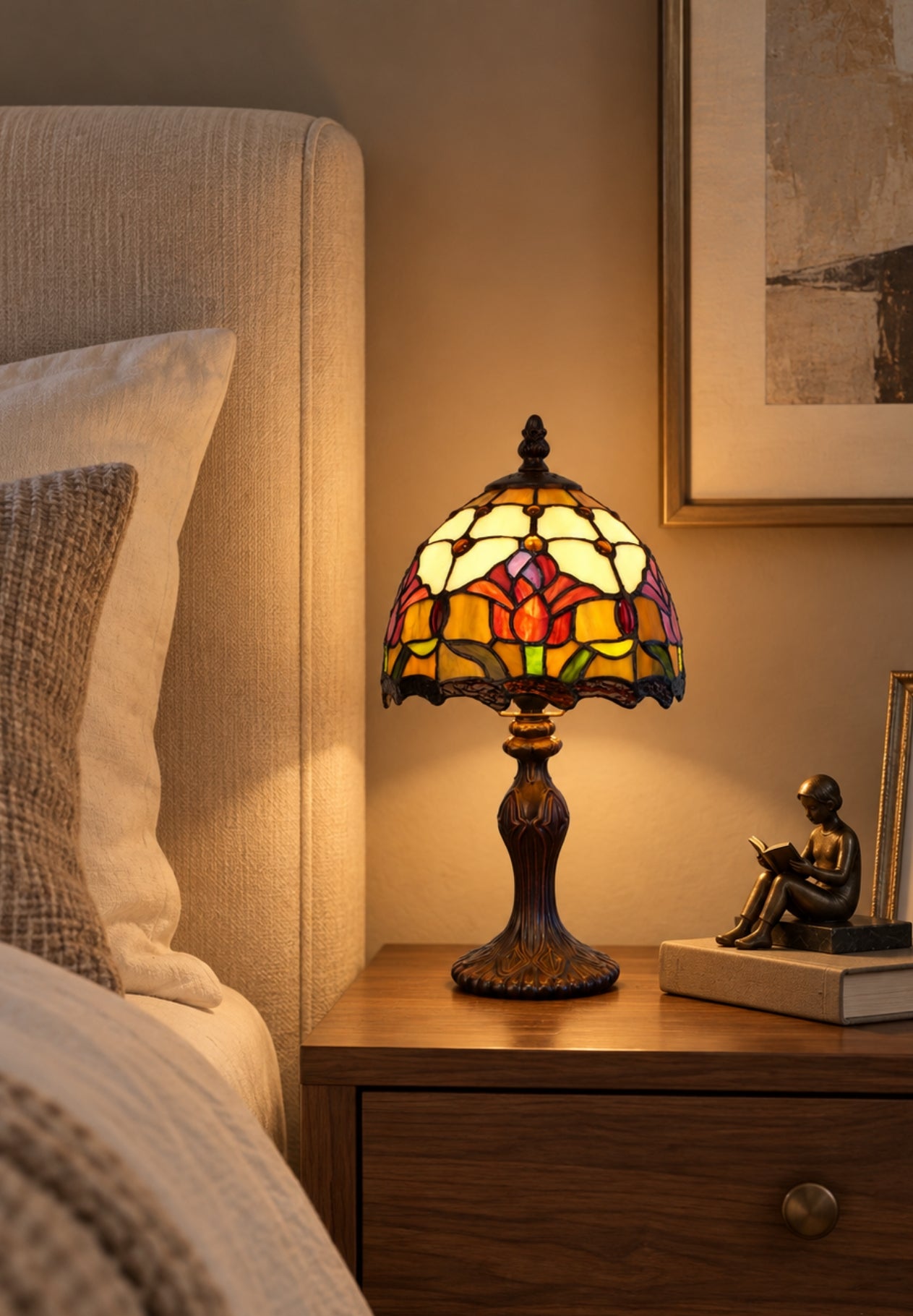 8-Inch Red Tulip Tiffany-Style Small Table Lamp