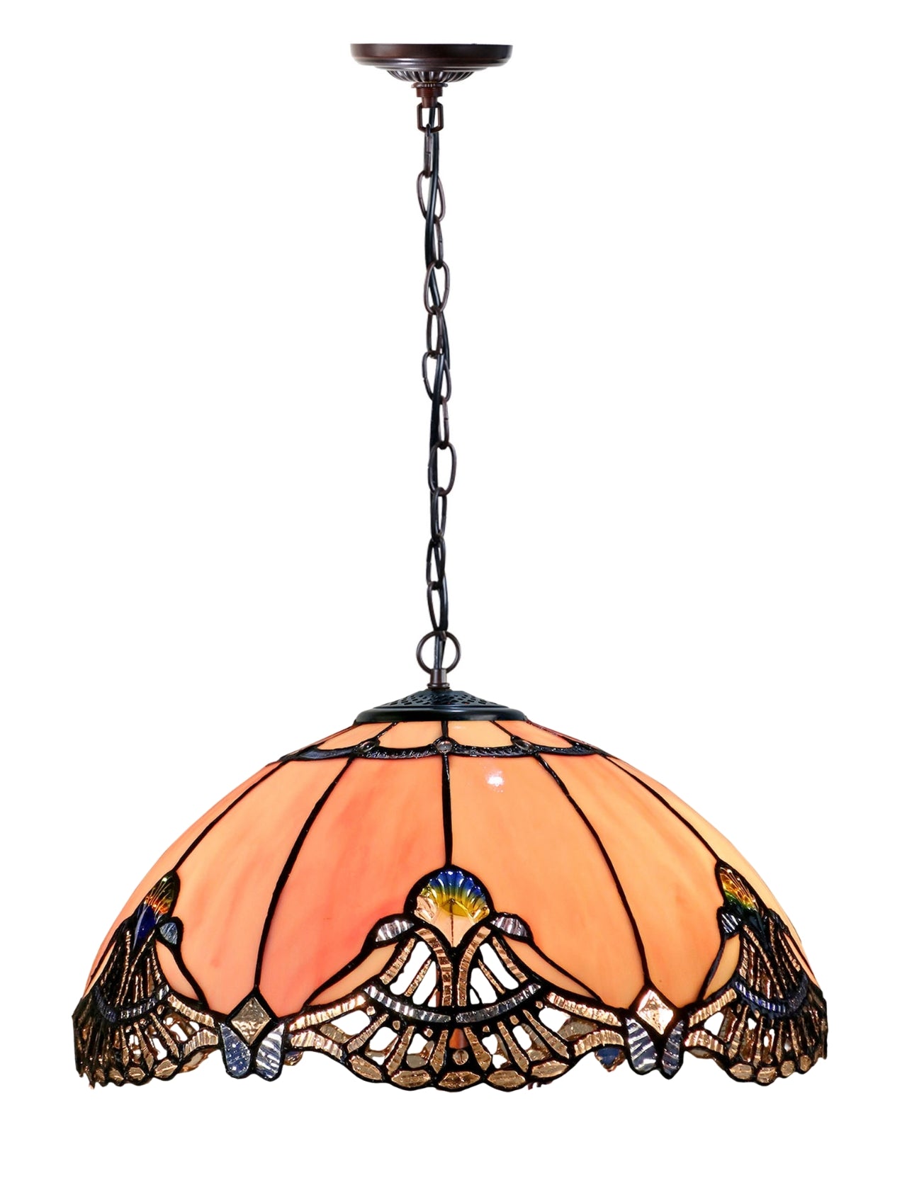 Large 16" Pink Rococo Style Tiffany Stained Glass Pendant Light