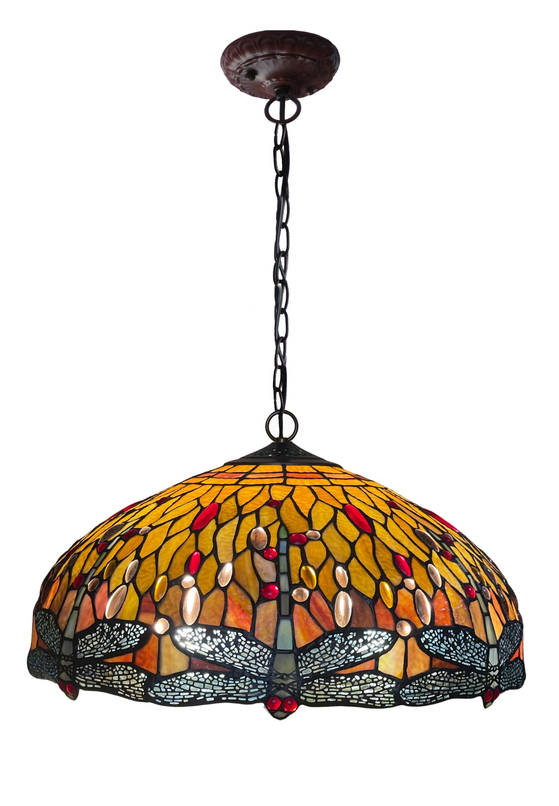 Large 18" Golden Dragonfly Stained Glass Leadlight Tiffany Pendant Light