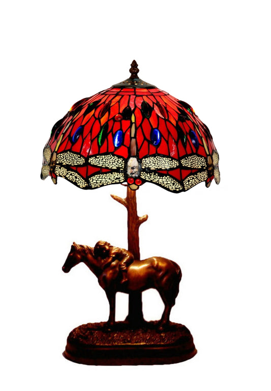 12" Red Dragonfly Tiffany Bedside Lamp with Antique Style Sculpture Base "the Horse Boy"