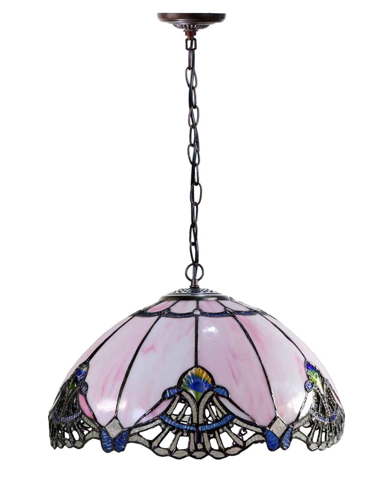 Large 16" Pink Rococo Style Tiffany Stained Glass Pendant Light