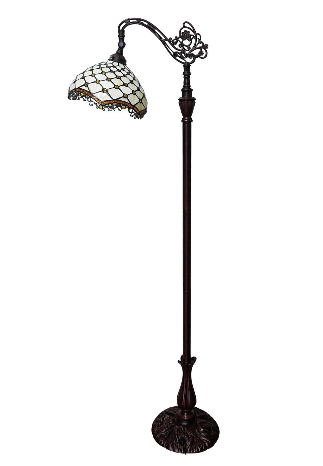 Beige Beaded Leadlight Stained Glass Bridge Arm Tiffany  Floor Lamp