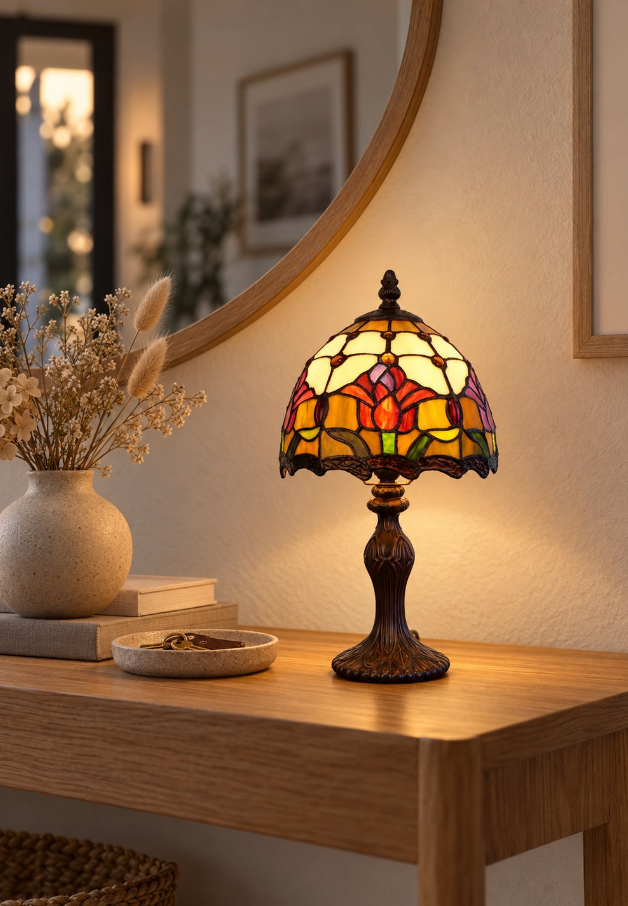 8-Inch Red Tulip Tiffany-Style Small Table Lamp