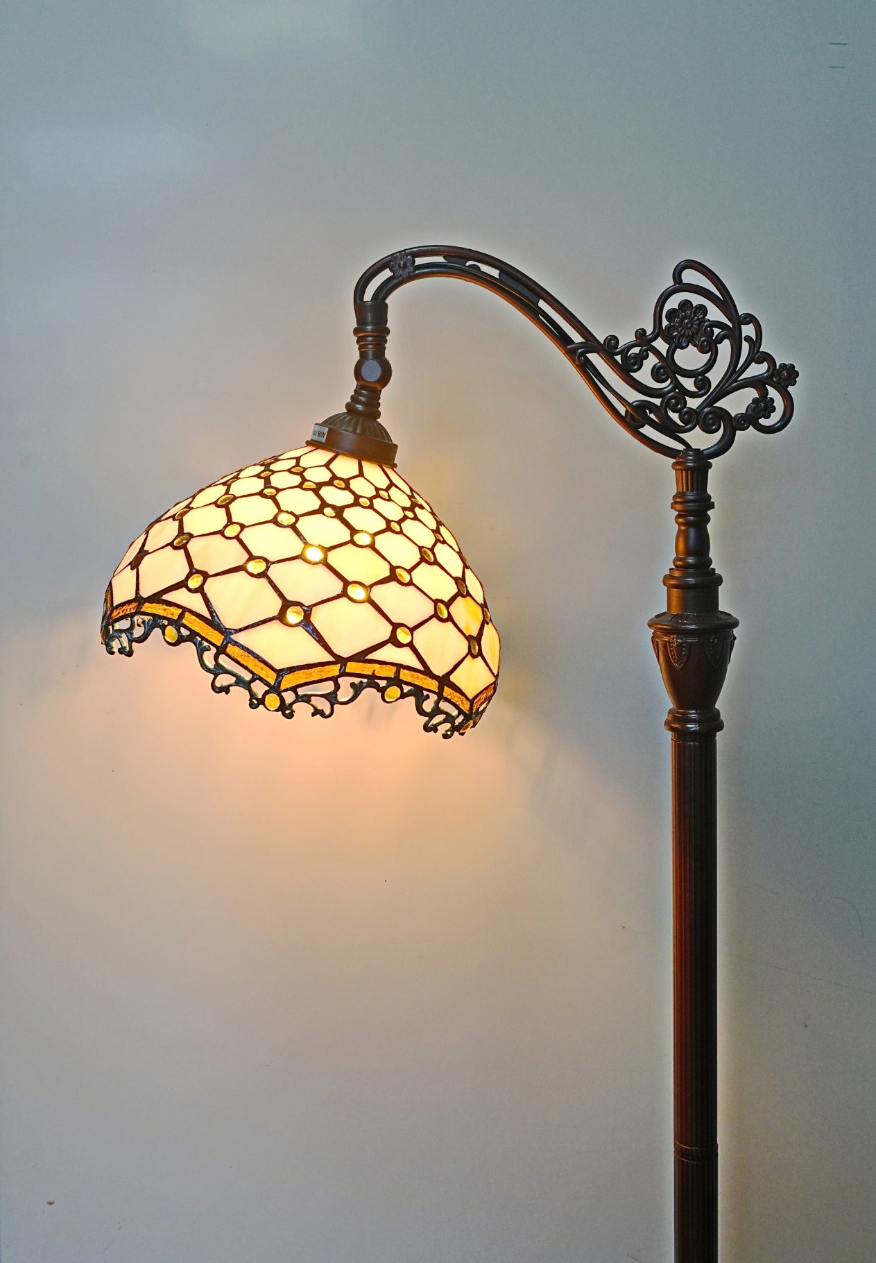 Beige Beaded Leadlight Stained Glass Bridge Arm Tiffany  Floor Lamp
