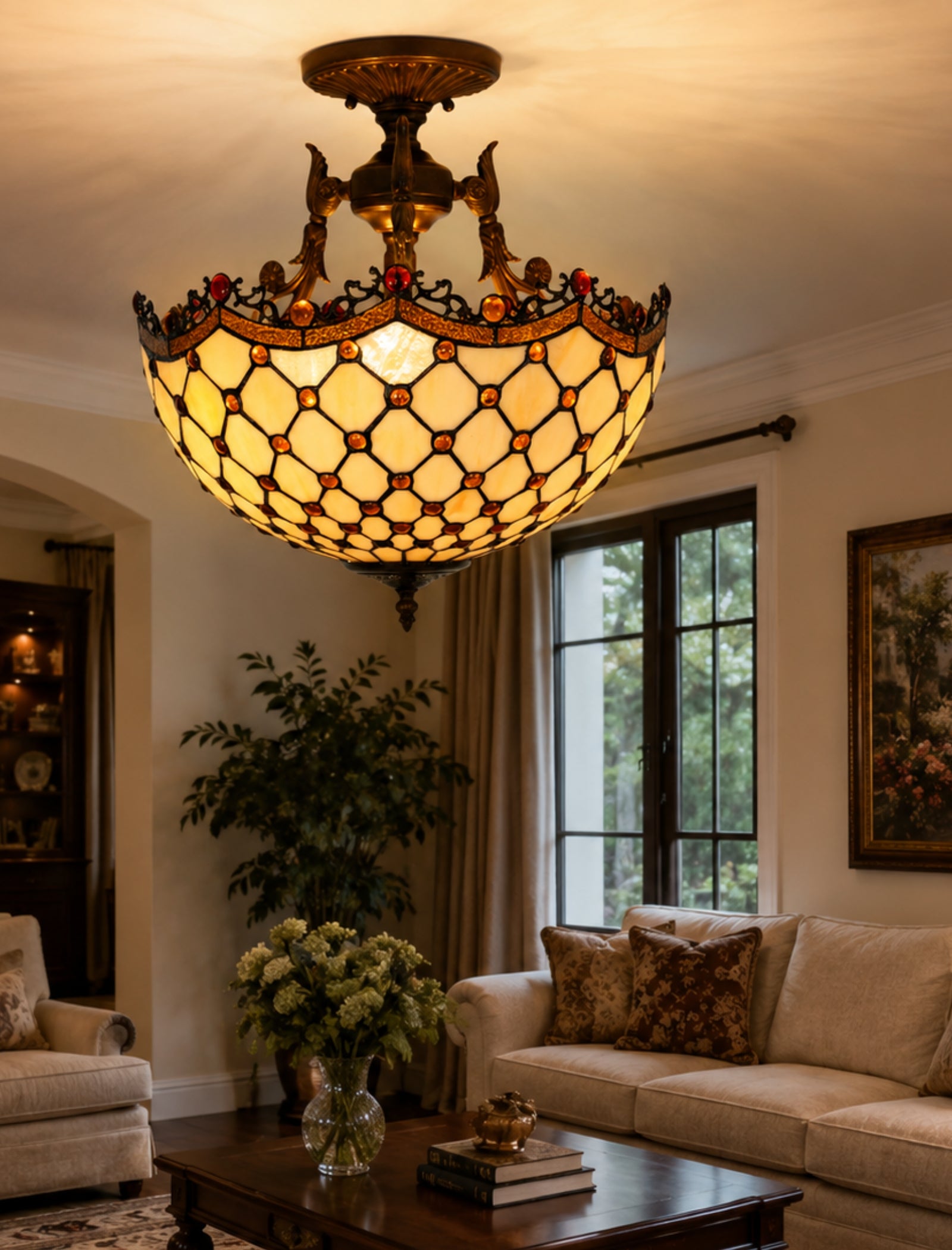 16 “ Large Modern Classic Tiffany Bead Semi Flush Ceiling Light