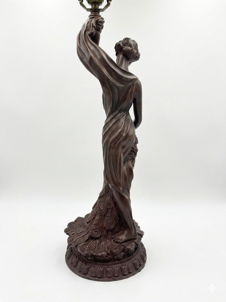 Huge 20" Vienna Baroque Stained Glass Tiffany Table Lamp with Lady peacock Base