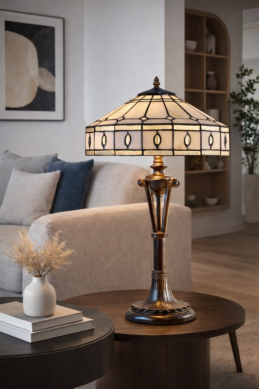 Large Art Deco Geometric Tiffany Table Lamp with Antique style Base