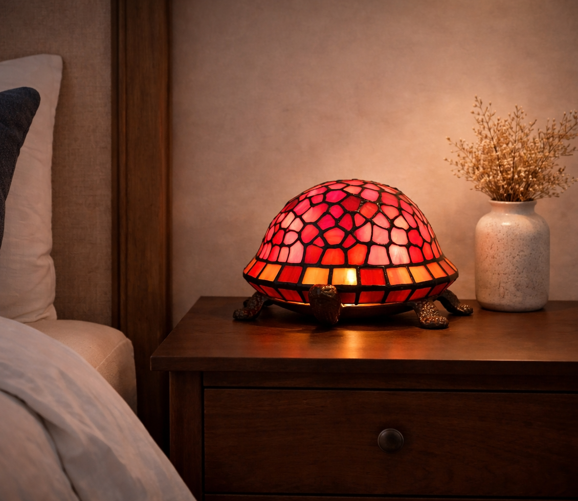 Cute Red Turtle Tiffany Leadlight Art Deco Stained Glass Accent Lamp