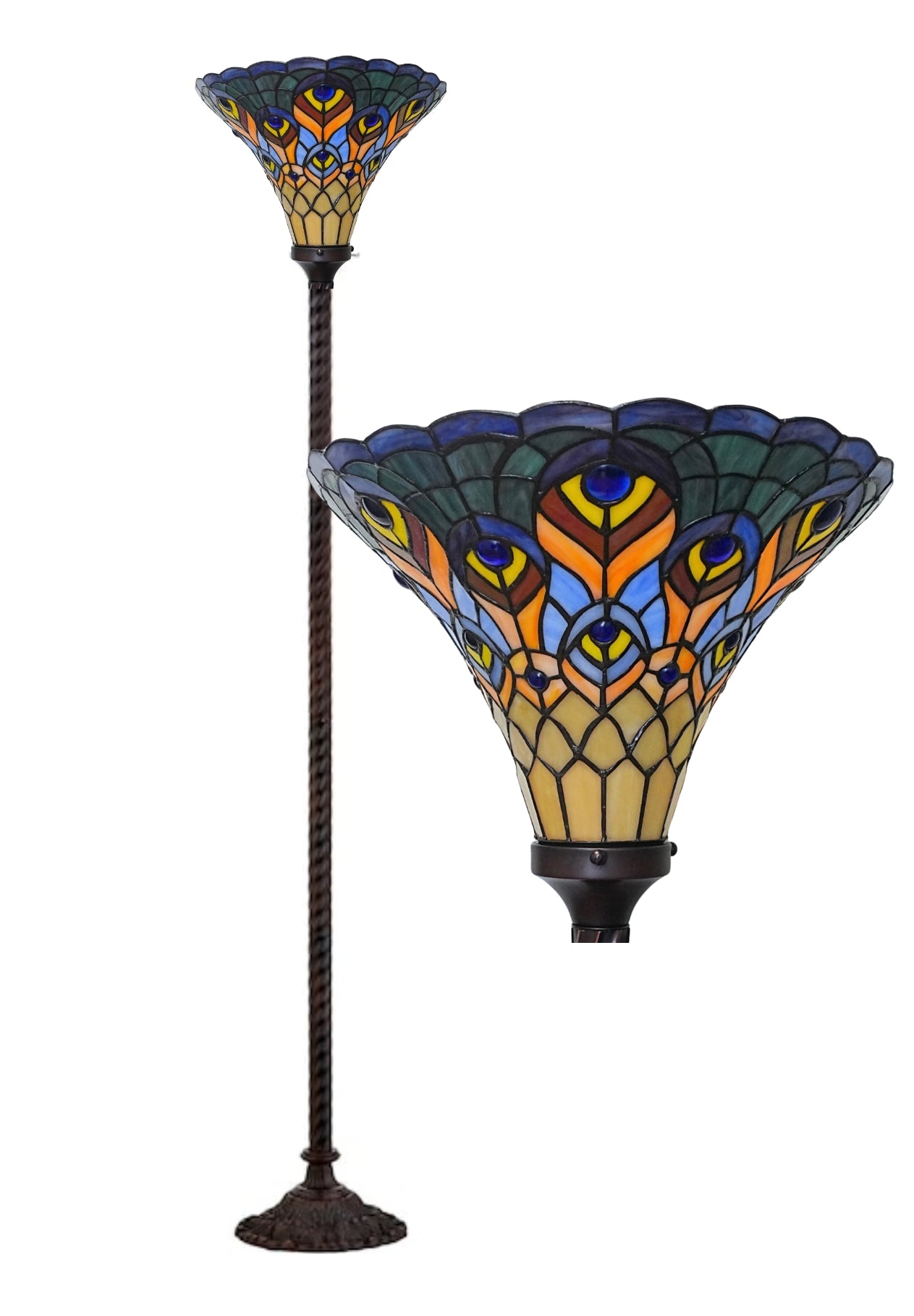 Large Golden Peacock Stained Glass Tiffany Torchiere Floor Lamp