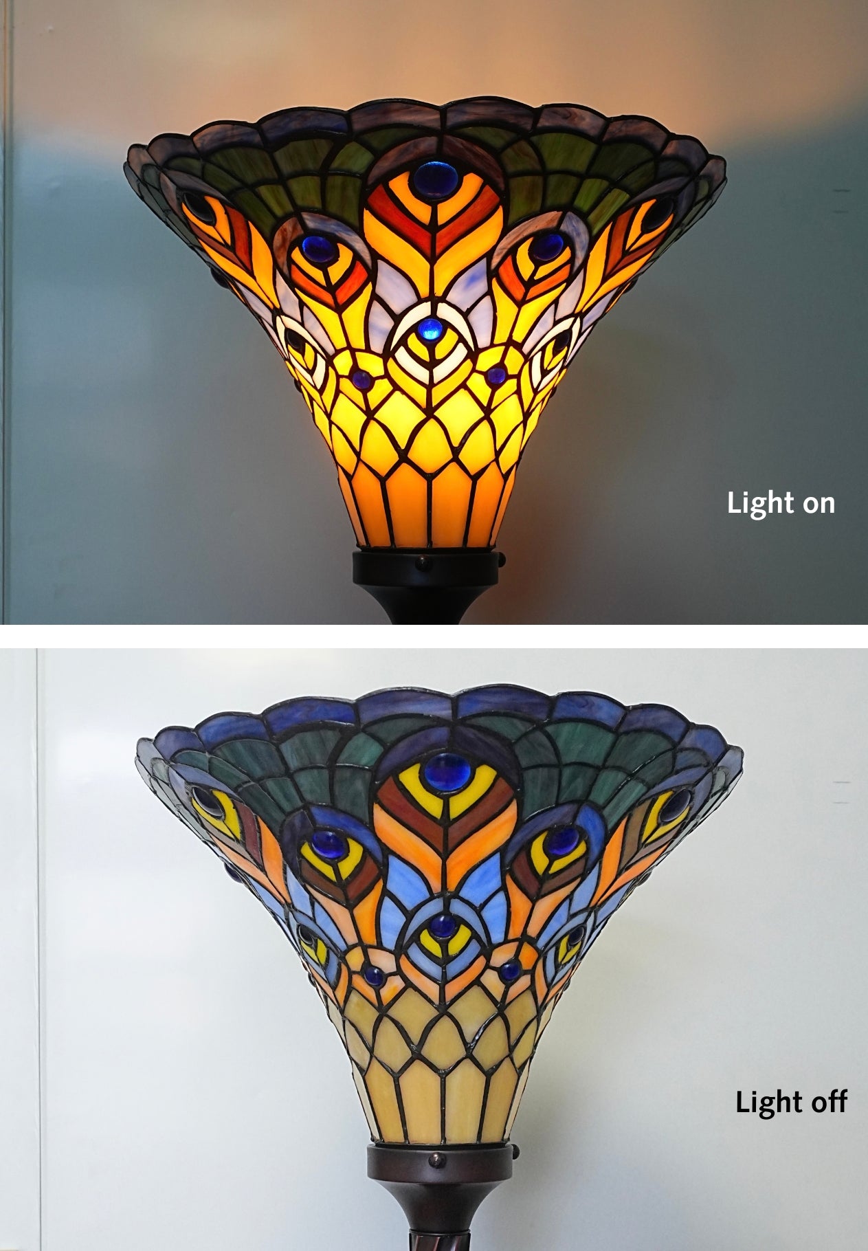 Large Golden Peacock Stained Glass Tiffany Torchiere Floor Lamp