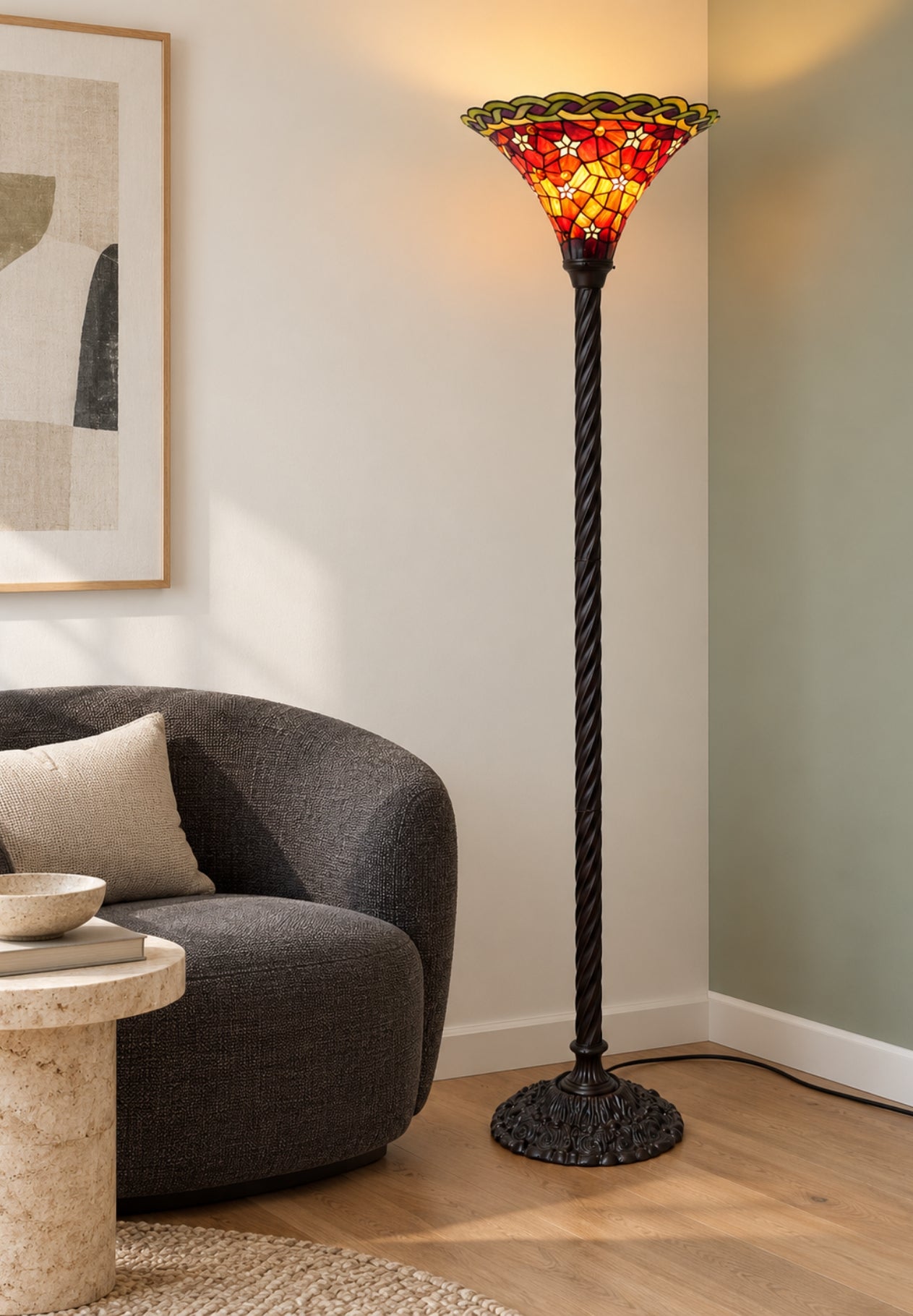 Large Vintage Ruby Amber Tiffany Torchiere Floor Lamp