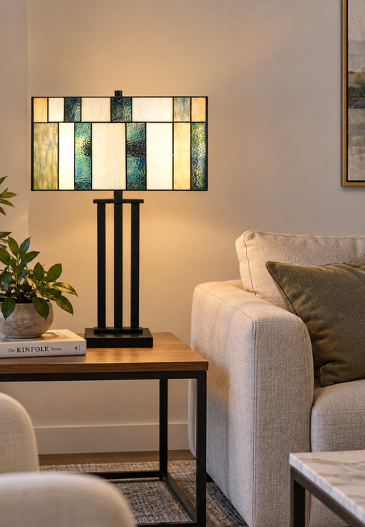 Large Modern Geometric Stained Glass Table Lamp – Forest Green