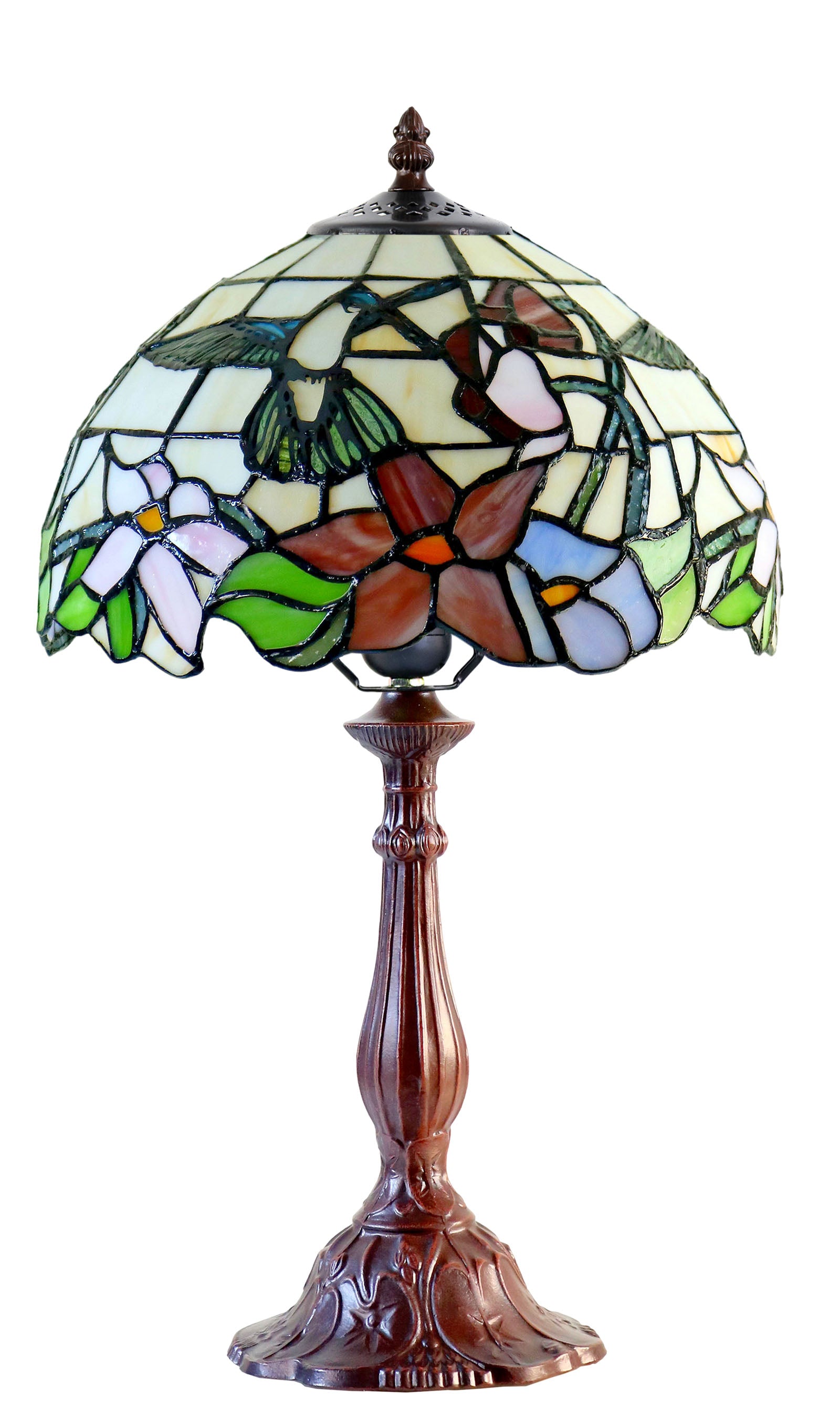 Classic 12" Hummingbird and Floral Tiffany Bedside Lamp