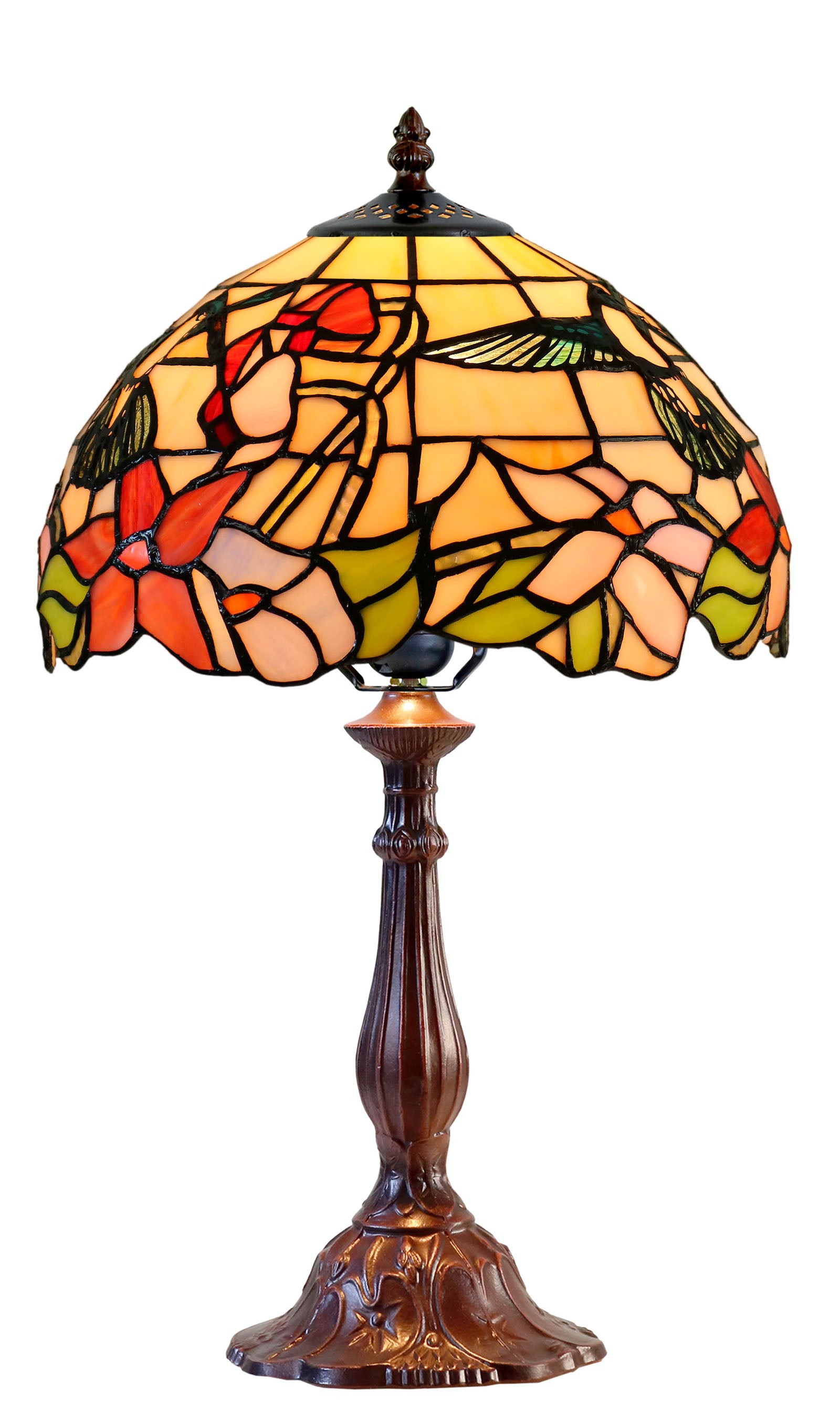 Classic 12" Hummingbird and Floral Tiffany Bedside Lamp