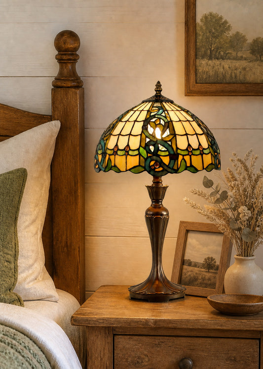 12"  Leaf Ribbon Style  Stained Glass Leadlight Tiffany Bedside Lamp
