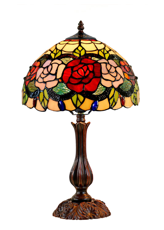12" Traditional Red Rose Style Tiffany Table Bedside Lamp