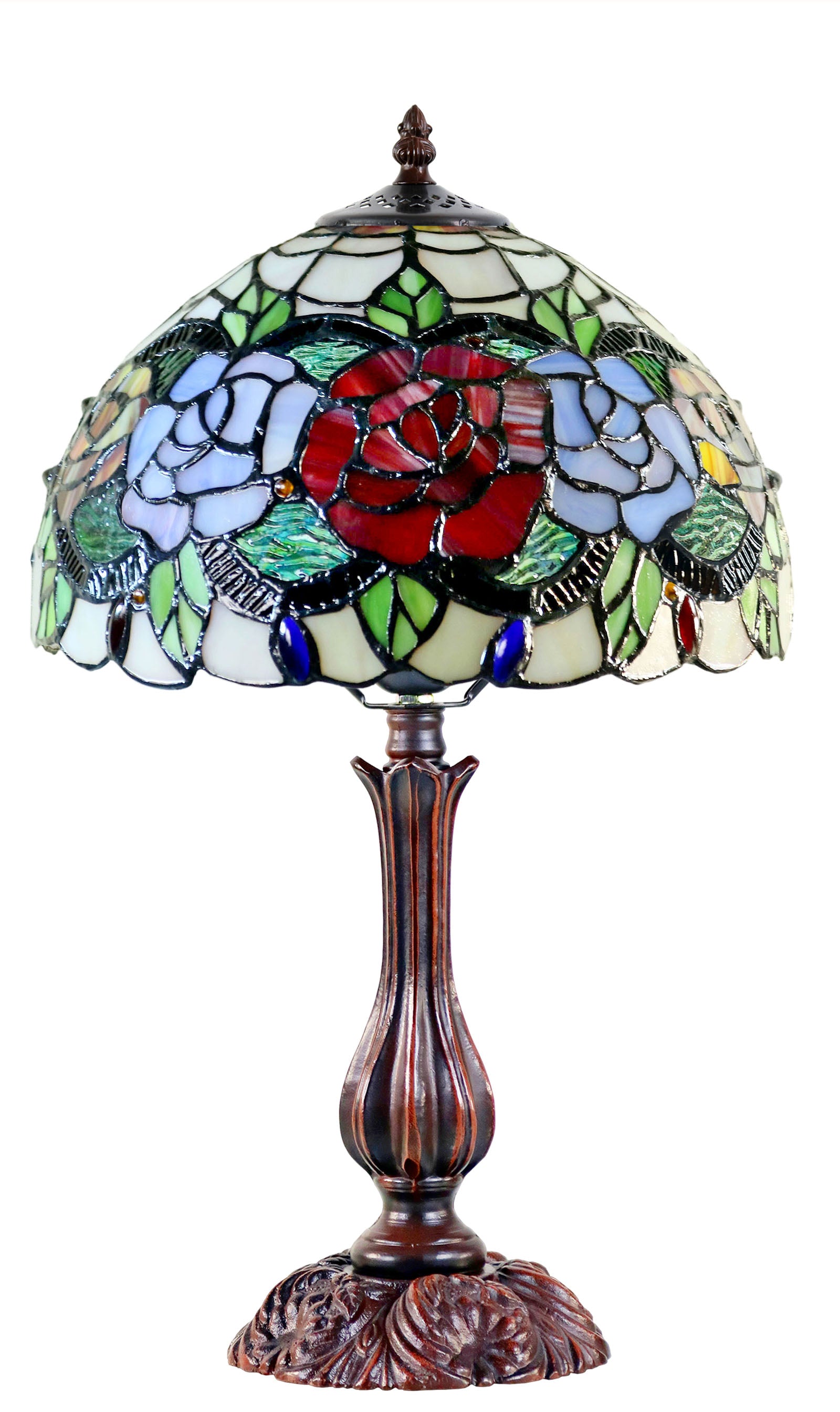 12" Traditional Red Rose Style Tiffany Table Bedside Lamp