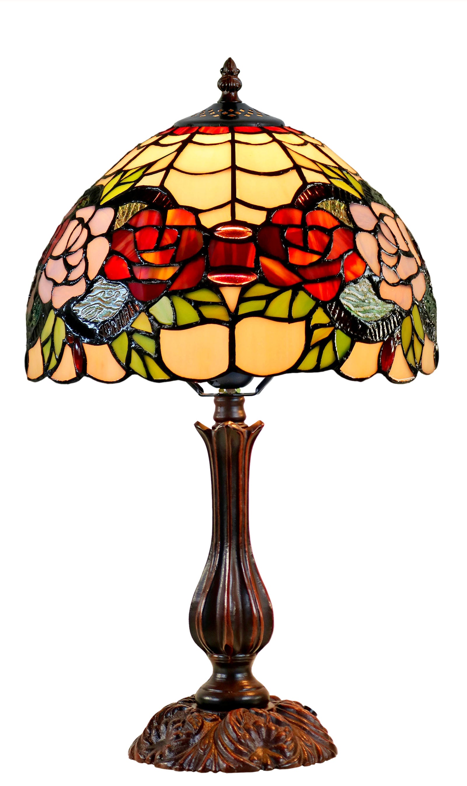 12" Traditional Red Rose Style Tiffany Table Bedside Lamp