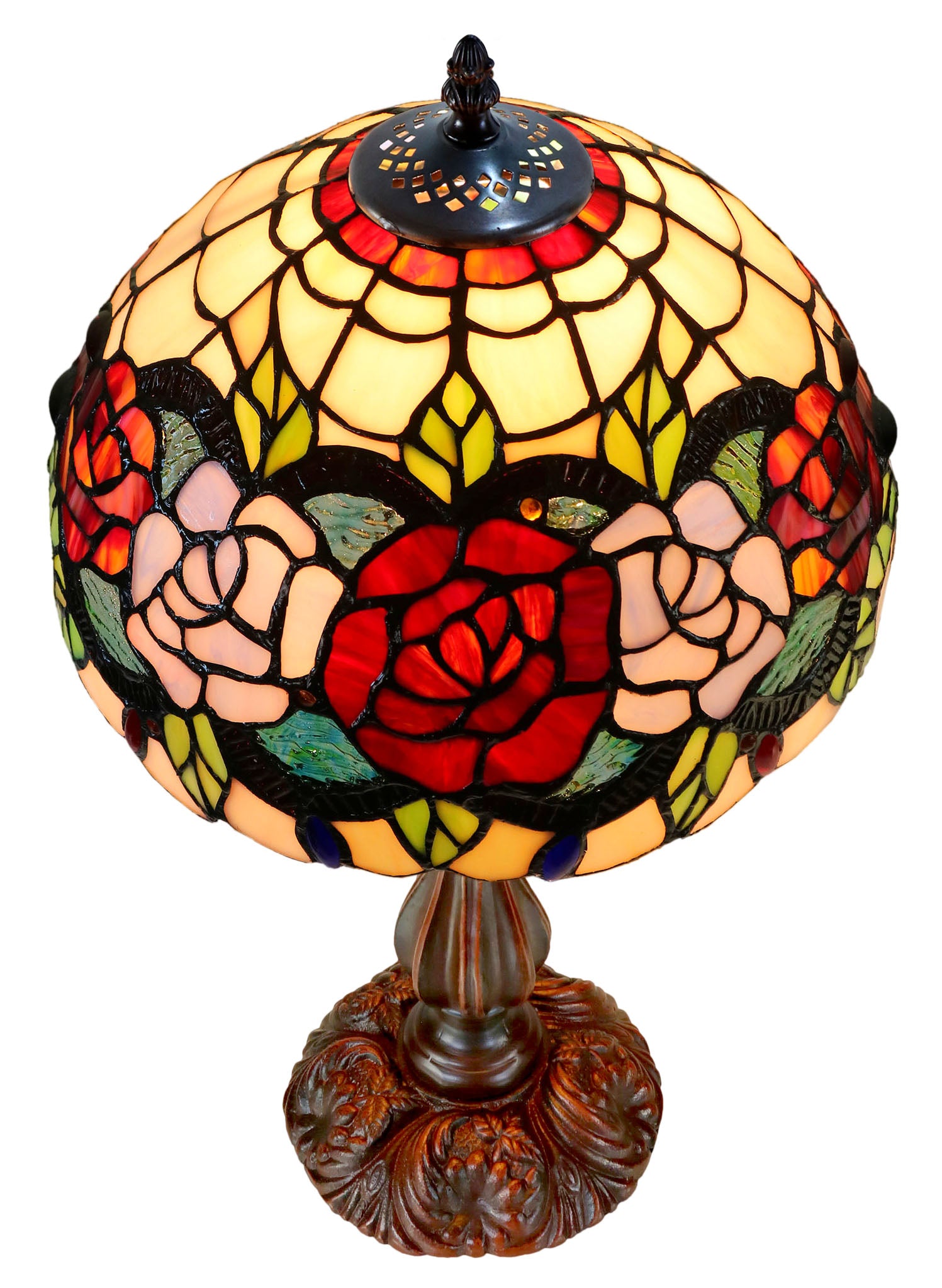 12" Traditional Red Rose Style Tiffany Table Bedside Lamp