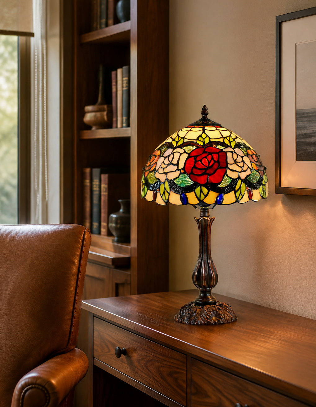 12" Traditional Red Rose Style Tiffany Table Bedside Lamp