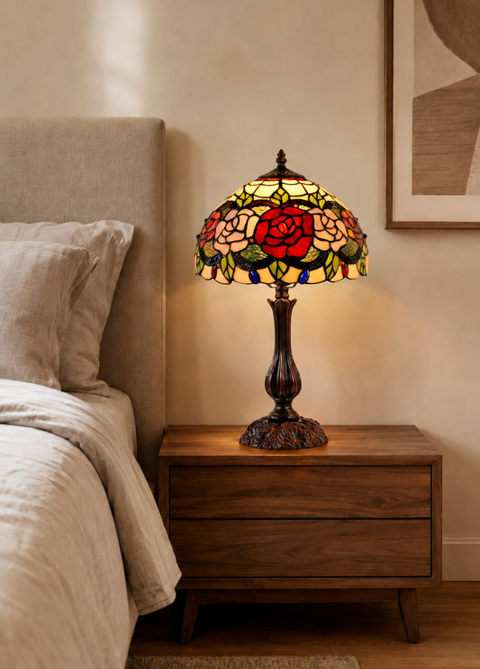 12" Traditional Red Rose Style Tiffany Table Bedside Lamp