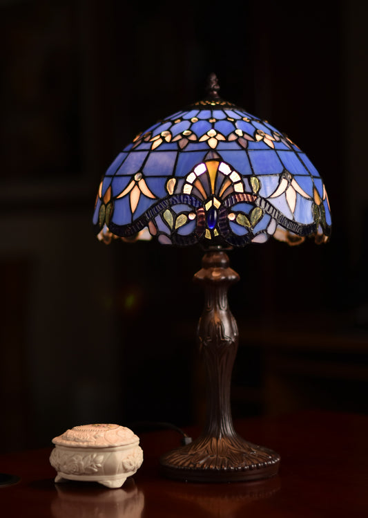 12" Blue Victorian Style Tiffany Bedside Lamp