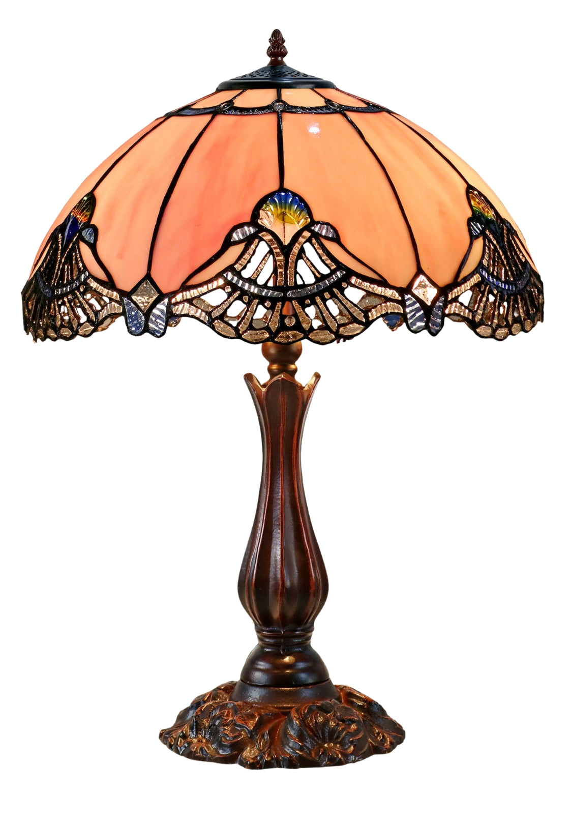 Large 16" Pink Rococo Style Leadlight Stained Glass Tiffany Table Lamp