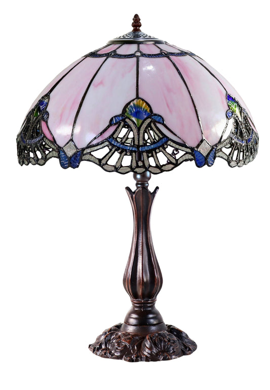 Large 16" Pink Rococo Style Leadlight Stained Glass Tiffany Table Lamp