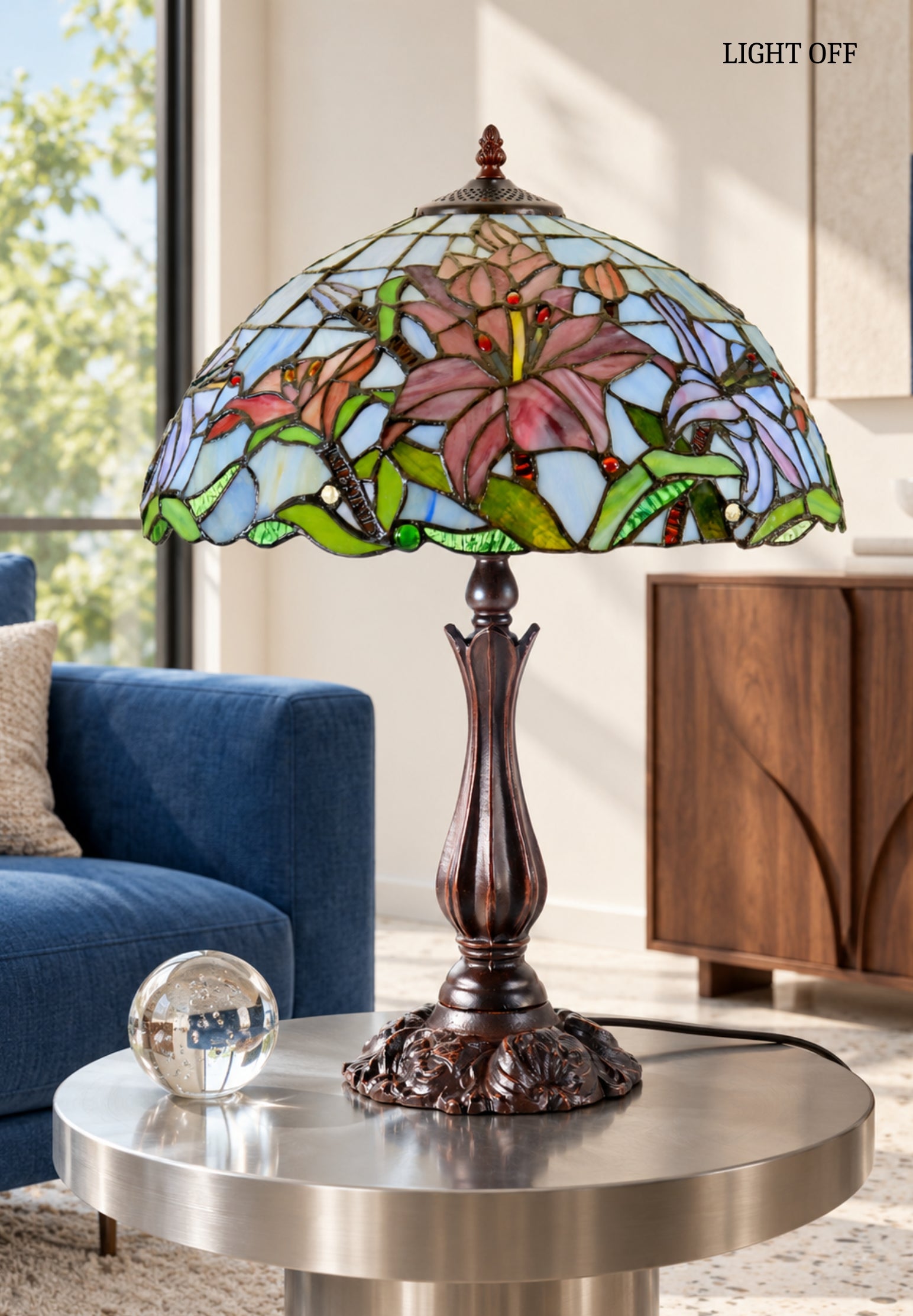 Large 16" Oriental Lily Style Stained Glass Leadlight Tiffany  Table Lamp